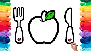 How to draw cute APPLE 🍎 🍏🍴| Easy Drawing and Coloring APPLE for Kids & Toddlers