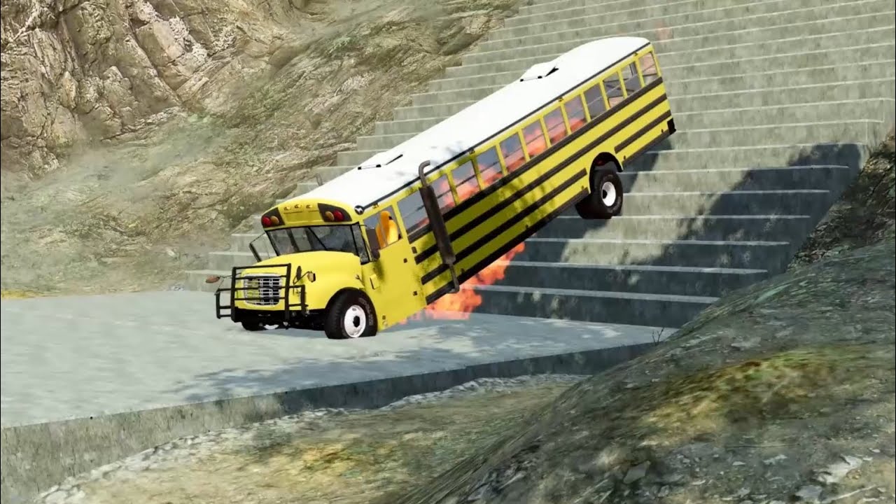 School Bus Crash Test – USA School Bus Stairs Jumps Down in BeamNG Drive Physics Gameplay