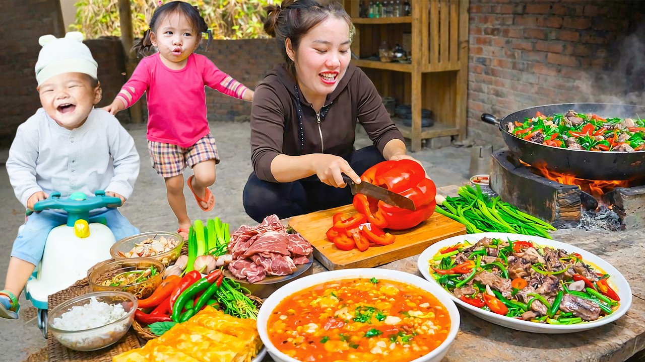 Cooking Super-Sized Beef Stir-Fry with Celery for Little Kids - Harvesting Celery to Sell at Market