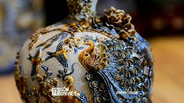 Bình hút tài lộc công danh phú quý đắp nổi men rạn cổ Bát Tràng