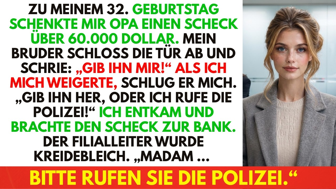Mein Großvater gab mir an meinem Geburtstag einen Scheck über 60.000 Dollar. Bevor ich ihn überhaupt einstecken konnte, schlug mich mein Bruder so hart ins Gesicht, dass mir das Blut aus der Lippe...