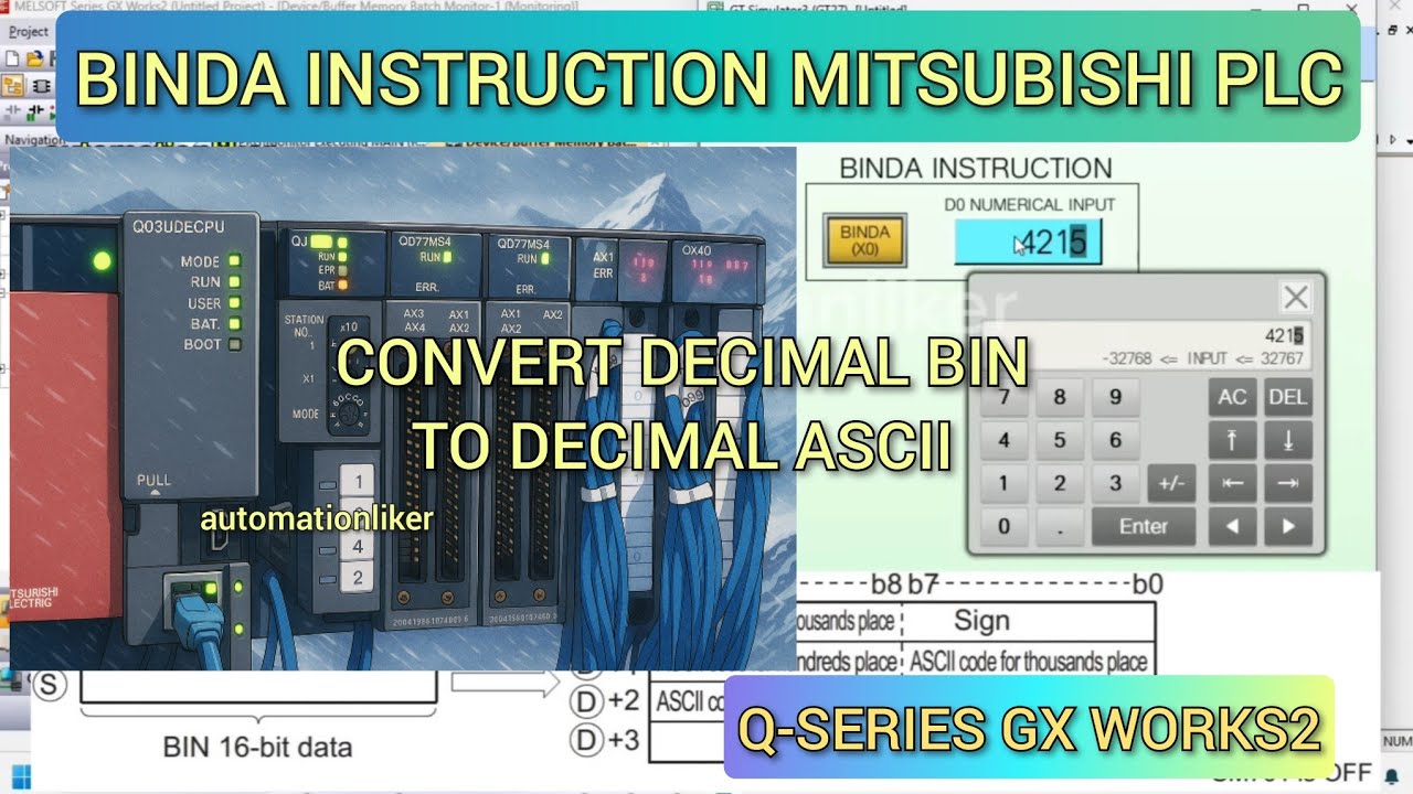 GX Works2 : BINDA Instruction Mitsubishi PLC With HMI Simulation | Convert Decimal to ASCII Decimal