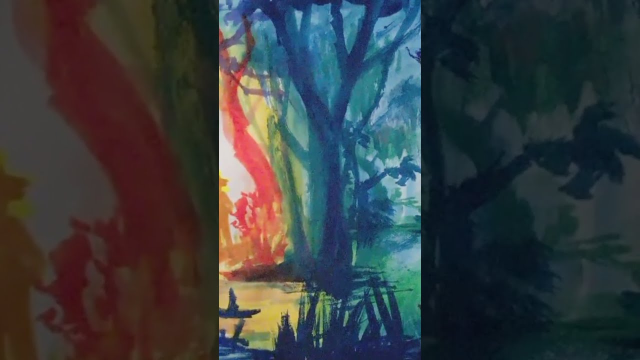 Watercolor painting concept art Forest cottage gradient