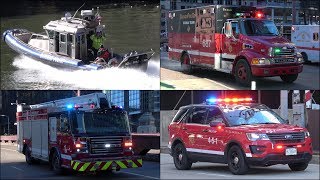 Specialist Chicago Fire Trucks + Police Boat responding with siren and lights