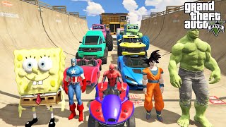 SPIDERMAN CARS Racing Challenge on MEGA WINDMILL Ramp ! SUPERHERO HULK Goku Spongebob Truck - GTA 5