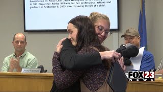 Video: Skiatook 911 dispatcher receives Lifesaving Award, meets family she helped save