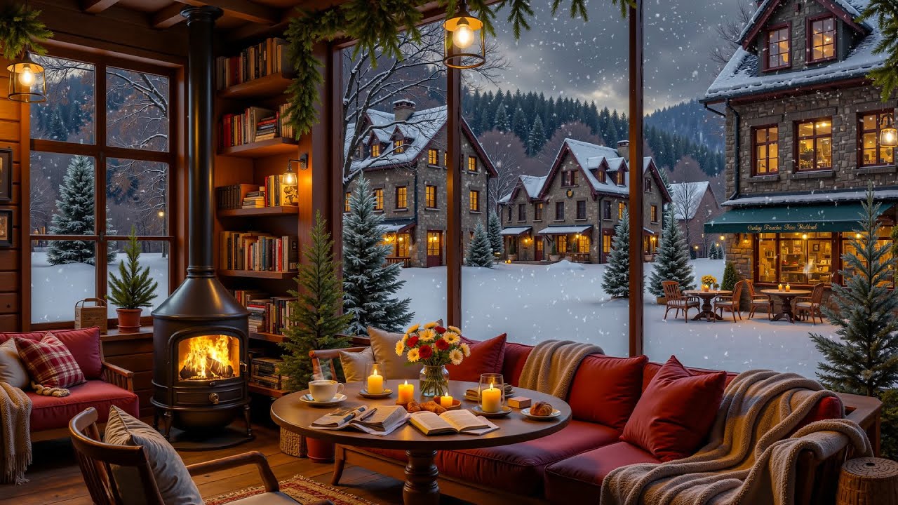 Cozy Winter Reading Café ❄️ Fireplace Glow, Snowy Village View & Smooth Jazz Ambience