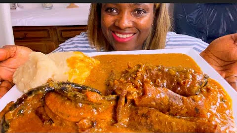 Asmr Goat meats +cow skin ogbono soup with Fufu mukbang bang eating show no talking #asmr #mukbang