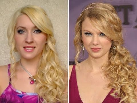 Taylor Swift curls with curling iron Prom half up hairstyles for long hair tutorial bridal hairdo