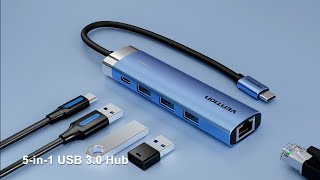 Vention USB 3.0 to USB 3.0 x 3/RJ45/USB-C Hub 0.15M Blue Aluminum Alloy Type TGF