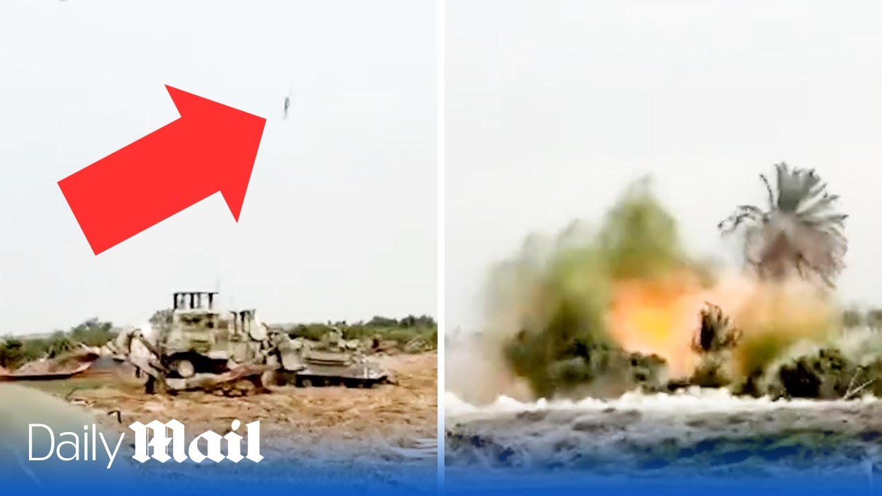 Moment IDF armoured Puma vehicle destroys Hamas mines in the Gaza Strip