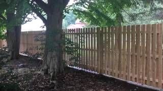 This fence installation is a combination of White cedar shadowbox fence custom built by Tri-Boro Fencing Contractors Inc. crew, as 