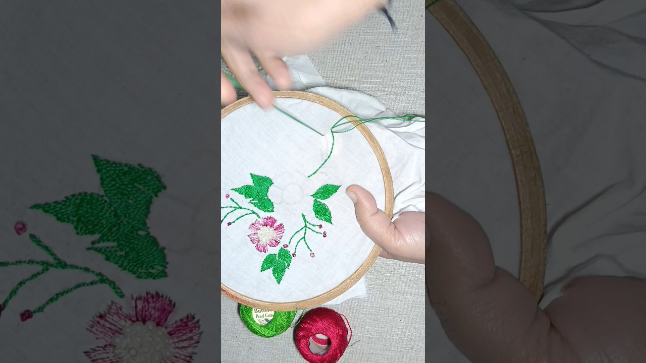 Hand Embroidery 🪡 Leaves 🌿 & Flower 🌺 Tutorial# shorts