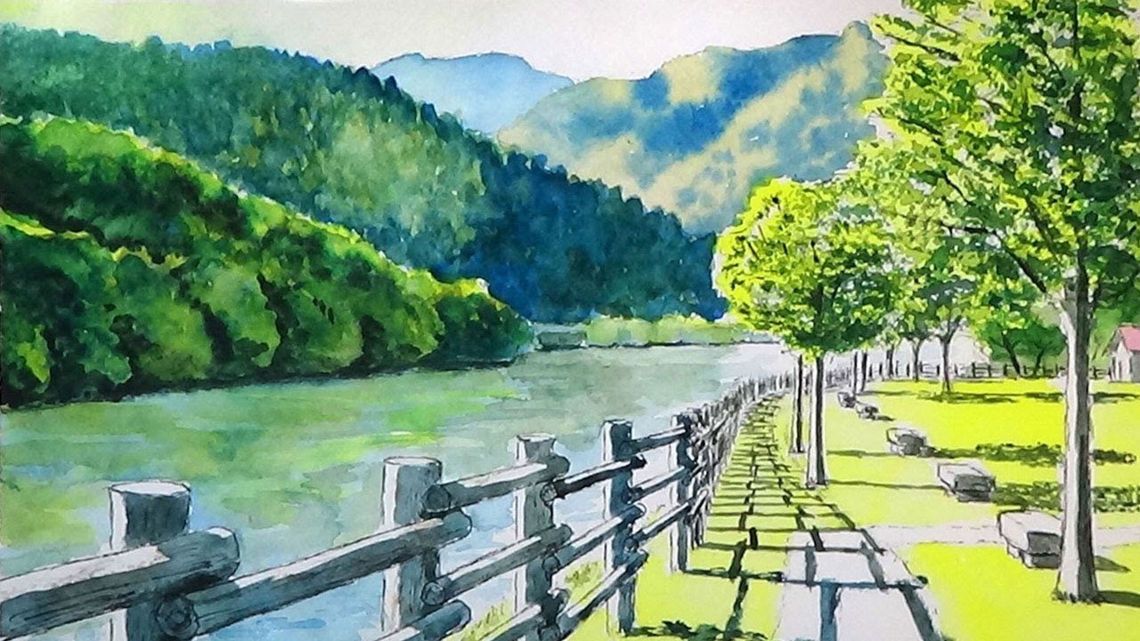 湖畔の散歩みち　(透明水彩風景画)　Lakeside promenade【Watercolor 】