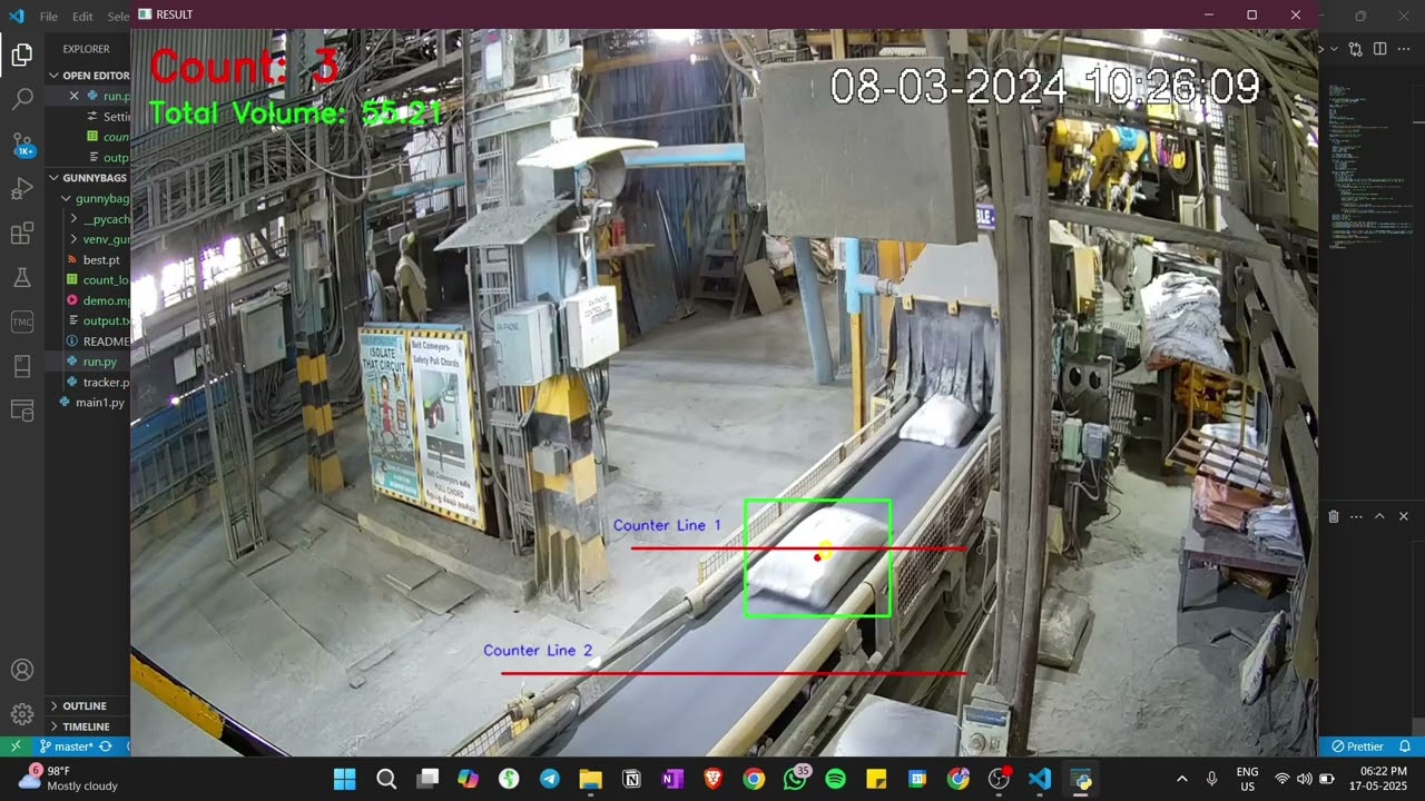 AI-Powered Real Time Gunny Bag Counting and Volumetric Analysis System.