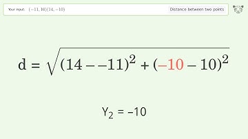 Find the distance between two points p1 (-11,10) and p2 (14,-10): Step-by-Step Video Solution