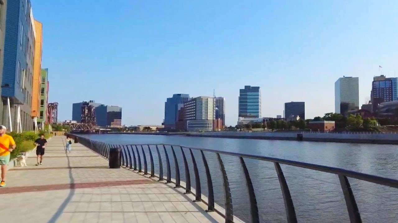 Walk tour on the Passaic River Waterfront Walkway in Harrison, New Jersey, USA