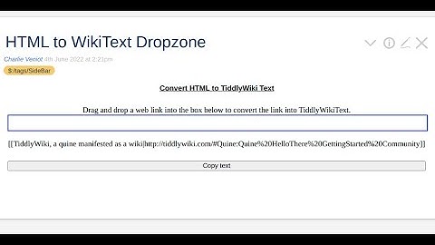 TiddlyWiki Gadget Prototype: Drag and drop HTML for conversion to TiddlyWikiText (silent video)