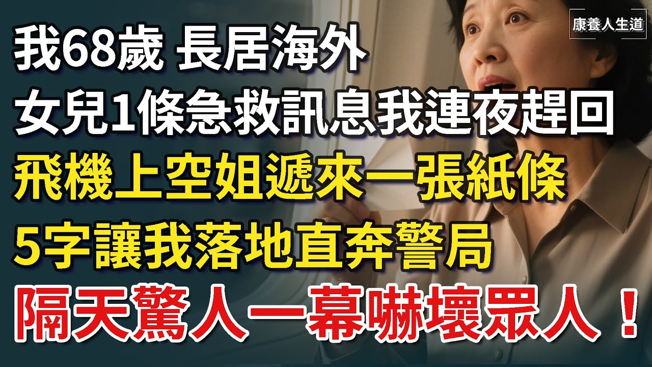 我68歲，長居海外，女兒一條急救訊息我連夜趕回，飛機上空姐遞來一張紙條，5字讓我落地直奔警局，隔天驚人一幕嚇壞眾人！【康養人生道】 #康養人生道 #上了年紀該明白的事 #養老 #聰明老人 #長壽秘密