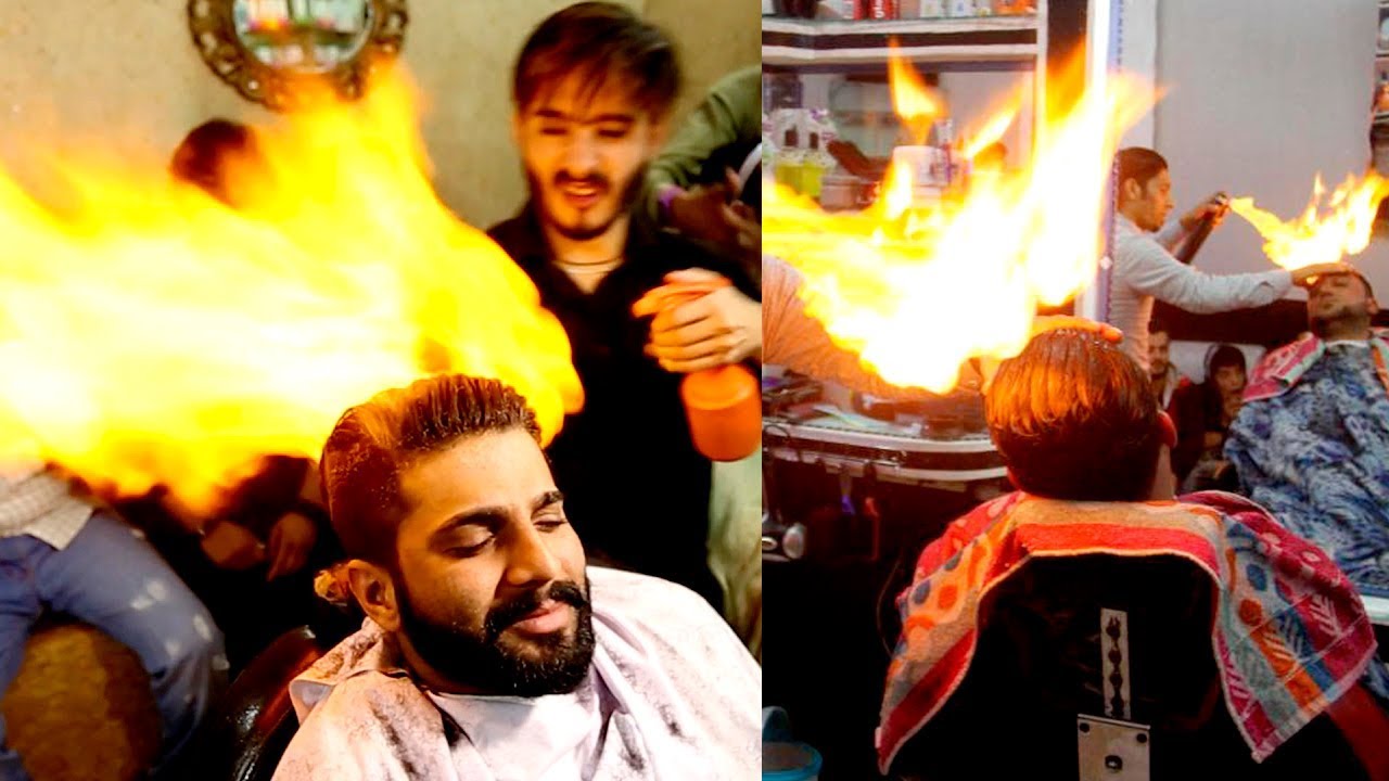  FIRE HAIRCUT   BARBERS CUT HAIR WITH FIRE 