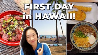 First Day in Honolulu HAWAII Travel Vlog! Flying Hawaiian Airlines, Tasty Poke Bowl & Marugame Udon!