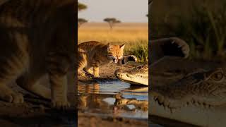 Cat fights back at crocodile, sending it back underwater #animalshorts #cat#crocodile