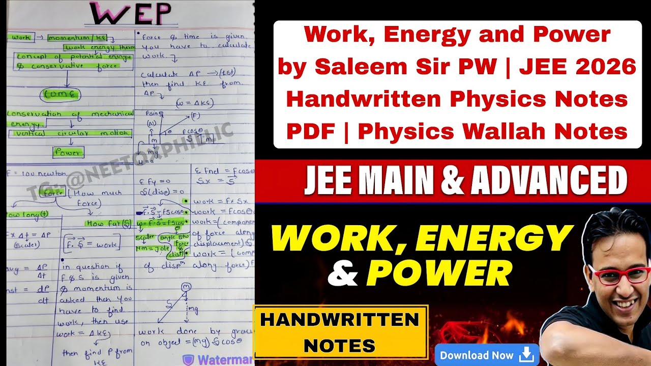 Pw Handwriting Notes.pdf Work, Energy and Power by Saleem Sir PW | JEE 2026 Handwritten Physics ...