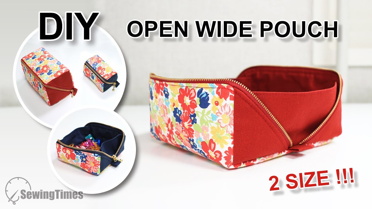 DIY OPEN WIDE POUCH - 2 SIZE | How to make a tray pouch with a wide bottom  [sewingtimes] - YouTube