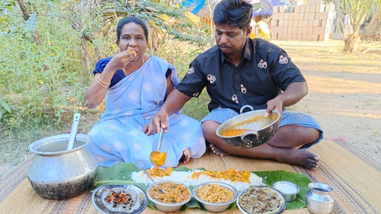 egg & raddish combo with white rice and mango sambar dal eating husband Vs wife in village
