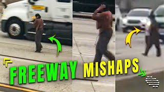 Person Ignores Traffic While Crossing the Freeway