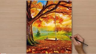 How to Draw Autumn scenery/Easy Autumn Trees landscape painting/Autumn lake scenery/acrylic painting