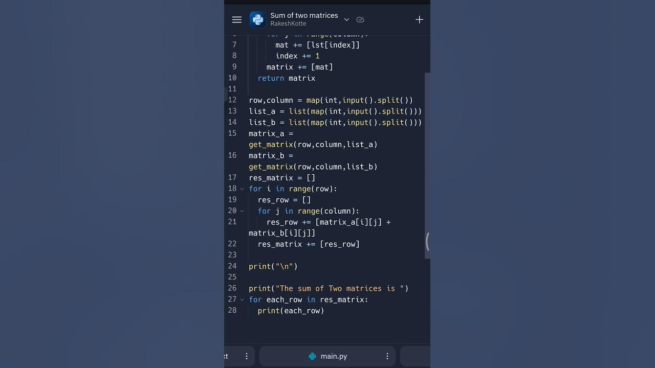 Print sum of two matrices in python | #python #programming #tutorial # ...