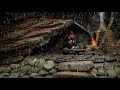 Building complete and warm survival shelter | Bushcraft cave in the cliff &amp; fireplace with clay