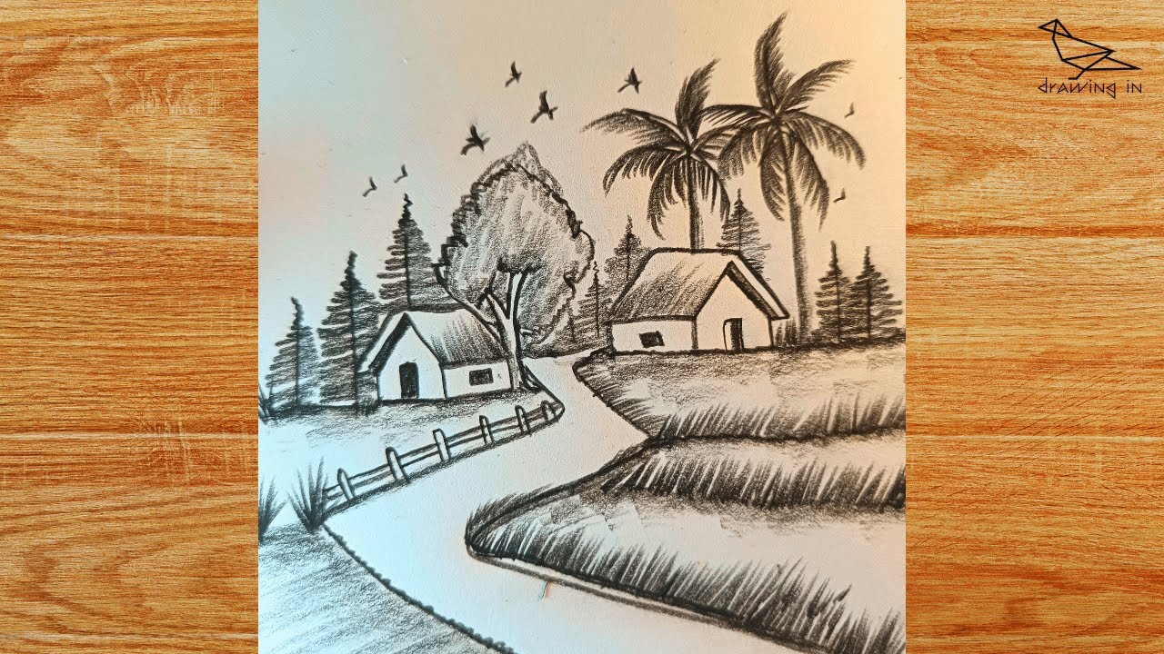How to draw village scenery with flying bird. 