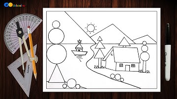 How to draw a easy scenery outline for Beginners and School students using geometrical shapes