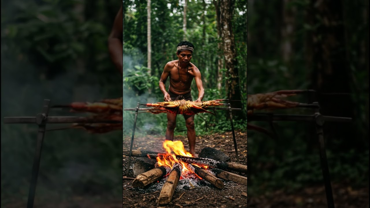 Wild Jungle Cooking Strong Cambodian man Roasts Giant Lobster Over Fire