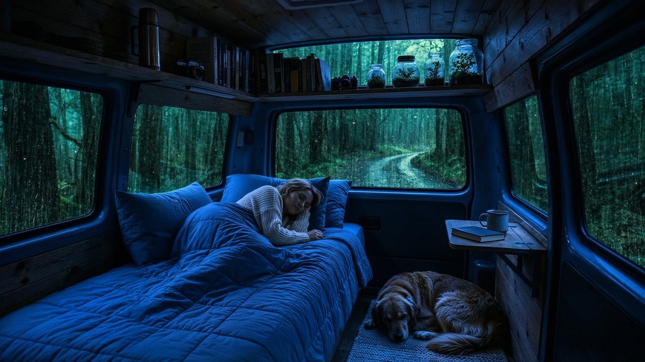 Глубокий сон Дождь звучит ⛈️ уютно Ночь в кемпинге на лесной дороге с собакой 💤