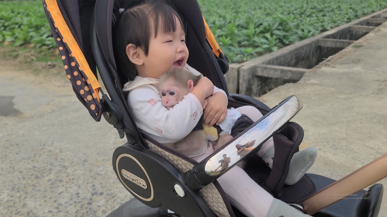 My older sister is carrying Tini the monkey while we go out to play