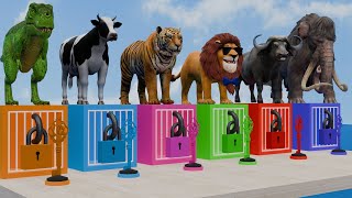 Choose the mystery cage escape challenge animals with cow, mammoth, dinosaur, tiger lion and buffalo