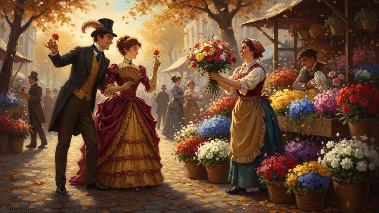 “FLOWER MARKETS OF SPRING EUROPE” and subtitle “Victorian Romance •  • Soul Serenity Sound”.