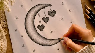 Easy Pencil Drawing Moon with Hearts 🌙❤️ | Simple Aesthetic Drawing Tutorial