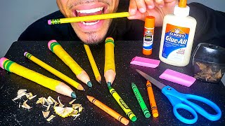 ASMR EDIBLE SCHOOL SUPPLIES *PRANK* EATING PENCILS GLUE NOTEBOOK PAPER MUKBANG 먹방 MOUTH SOUNDS