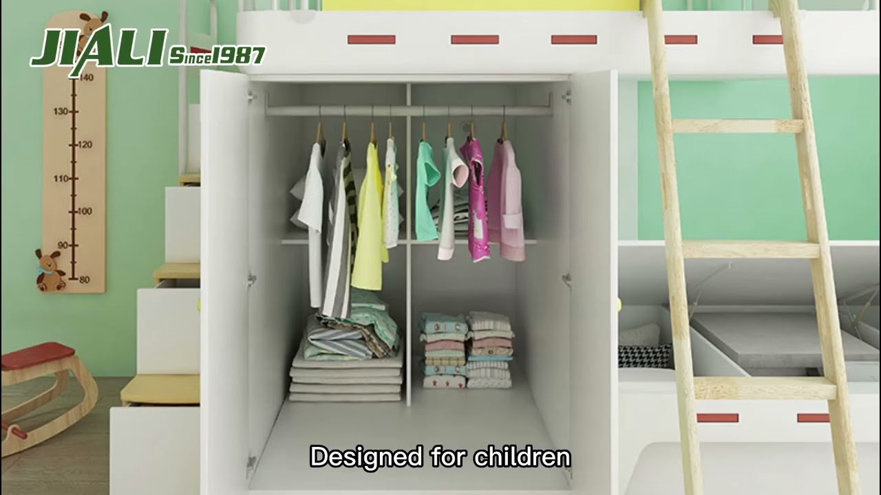 Customized pattern hidden storage crown Split Level bunk Bed for kids with staircase and wardrobe