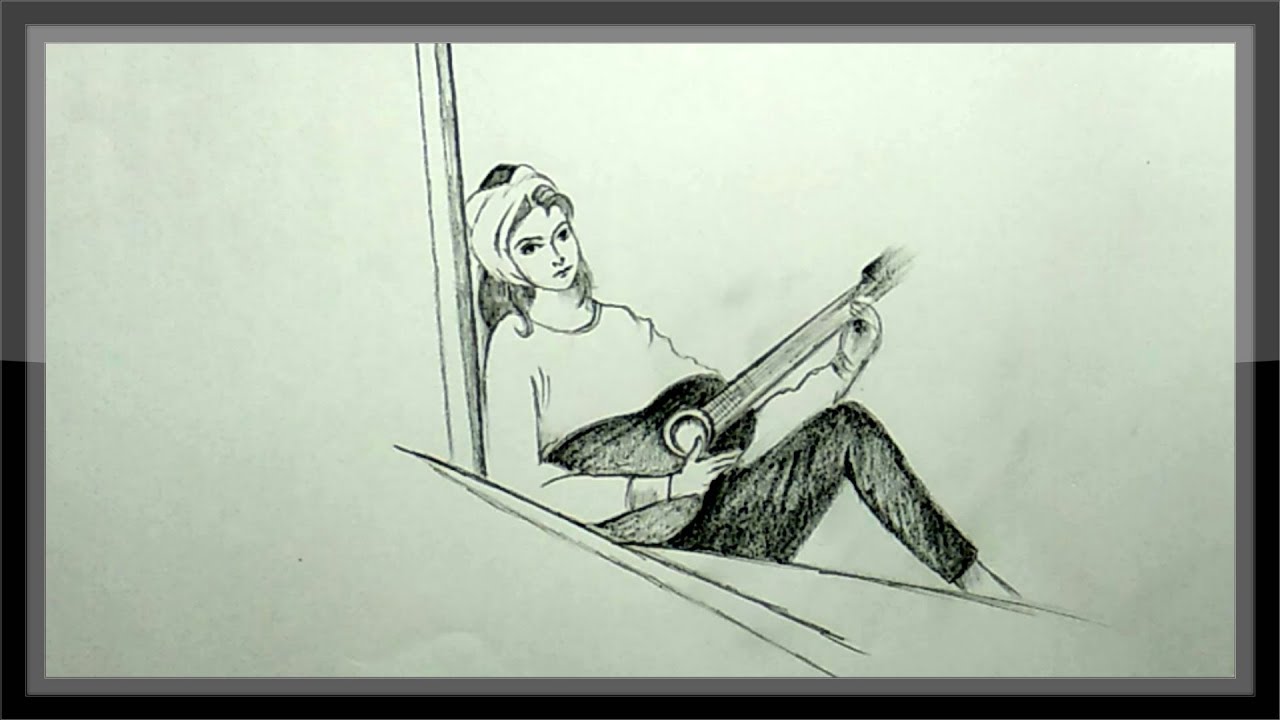 Pencil Drawing A Beautiful Girl Picture With Guitar