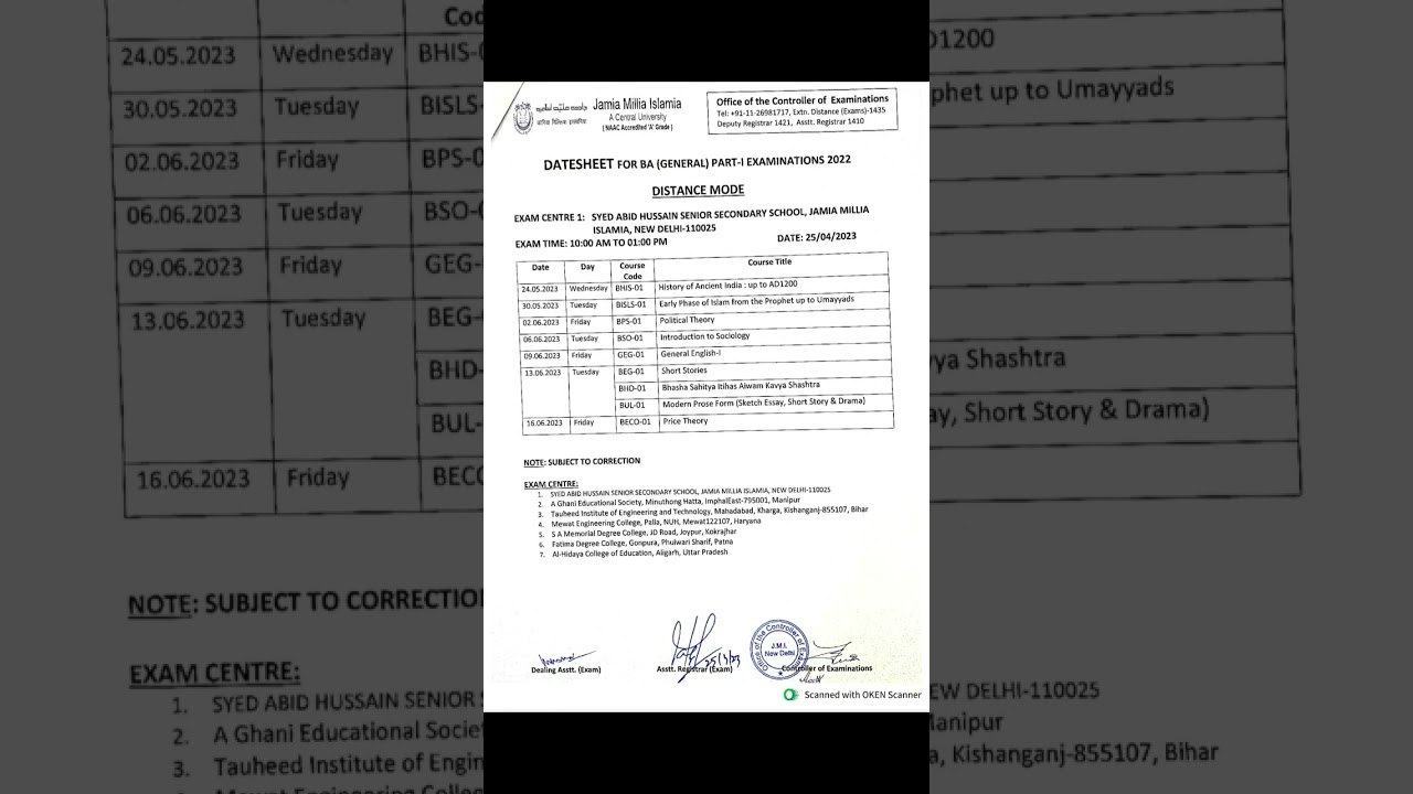 JMI( CDOE) B.A First Year Date Sheet 📖 2022-23