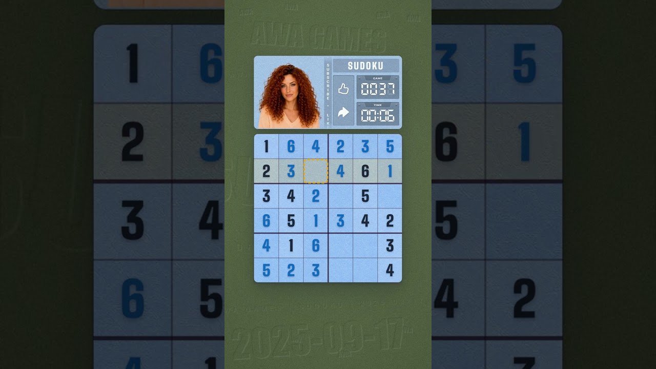 LinkedIn Mini Sudoku #37 solved board for September 17, 2025, 6x6 grid
