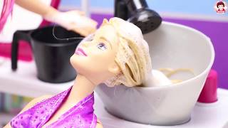 Barbie Doll Hair Style Salon - Play Dolls Hair Cut, Hair Wash, Hair Curl In Barbie Salon Shop