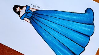 رسم فستان سهرة باللون الازرق  سهل جدا للمبتدئين | رسم فساتين | تعليم رسم الأزياء