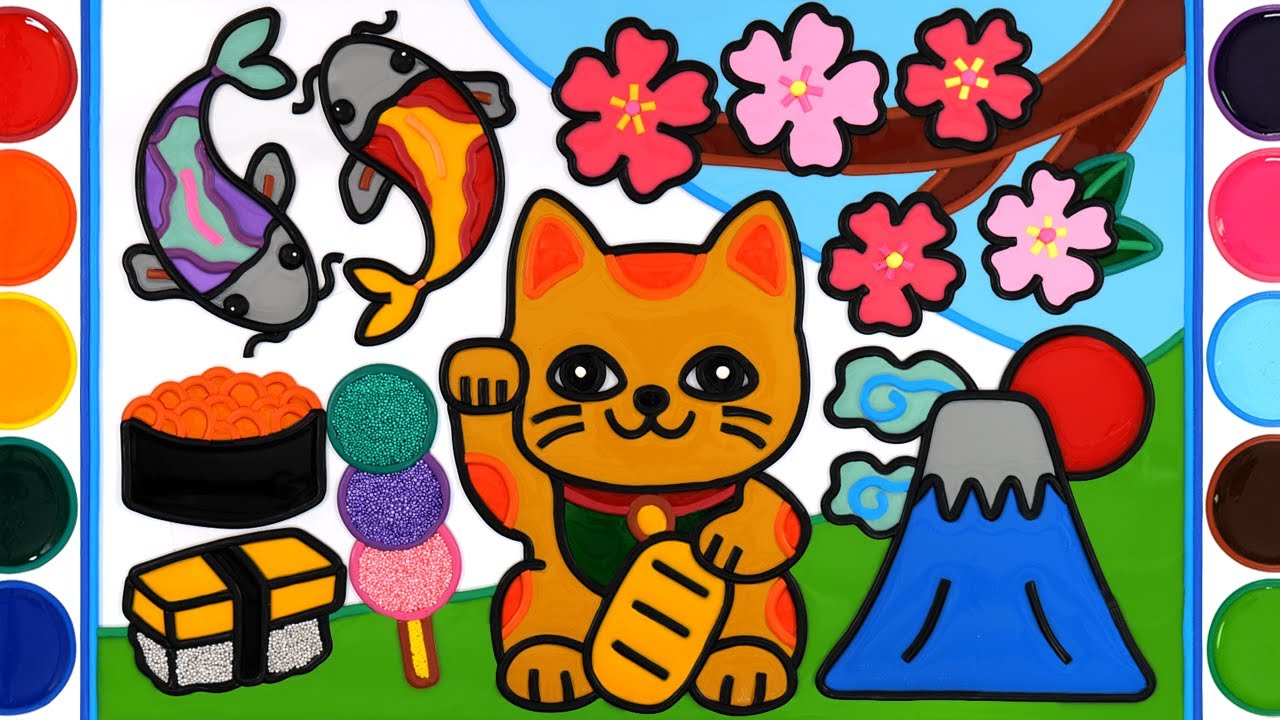 Lucky cat, Travel to Japan Jelly Painting, Satisfying Video | Maneki Neko, cherry blossoms Coloring
