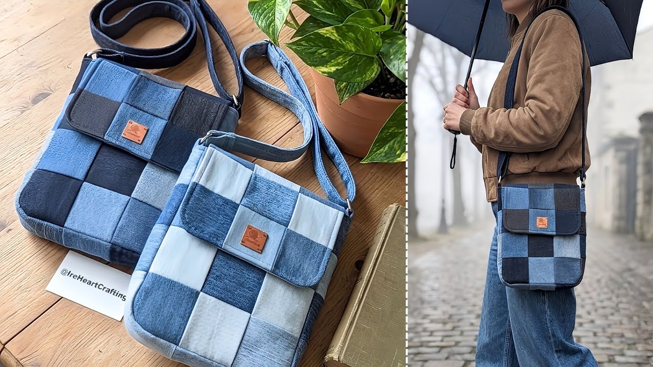 DIY Casual Checkered Denim Patchwork  Crossbody Bag Out of Old Jeans | Bag Tutorial | Upcycled Craft